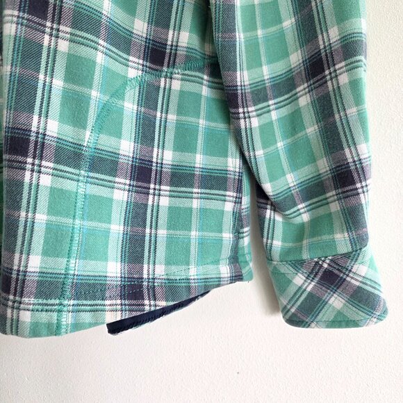 Orvis Flannel Shacket, Fleece Lined Green and Blue Shirt Jacket, Fall Transition - Picture 2 of 9